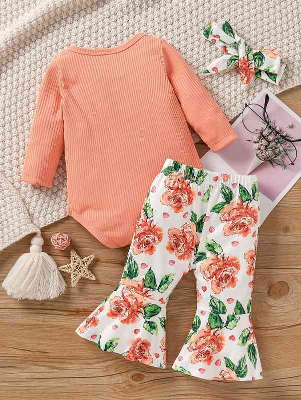Baby Floral Print Ruffle Trim Bodysuit & Flare Leg Pants & Headband SHE