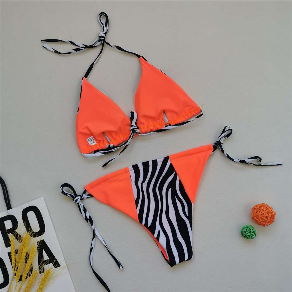 Halter Zebra Print Bikini Ladies Swimwear Women Sexy Swimsuit Female Bathing Suit Summer Beach Wear Micro Set Orange 210520