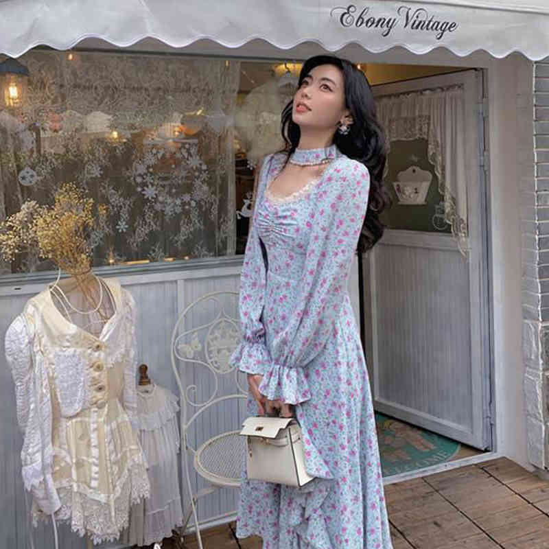 Korean Style Vintage Midi Dresses Women Casual Long Sleeve Floral Dresses Evening Party Office Lady Lace-Up Summer Chic 210521