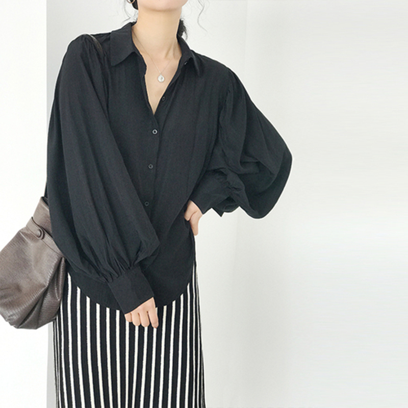 Spring Summer Korea Fashion Women Loose Lantern Sleeve White Shirts Silk Quality Turn-down Collar Casual Blouse Female Tops S452 210512