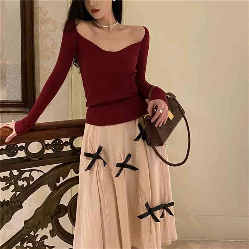 Fashion Elegant Sexy Slash Neck Knitted Tops + Bowknot High Waist Midi Skirt 2 piece set Outfits 210519, Photo color
Fashion Elegant Sexy Slash Neck Knitted Tops + Bowknot High Waist Midi Skirt 2 piece set Outfits 210519, Photo color