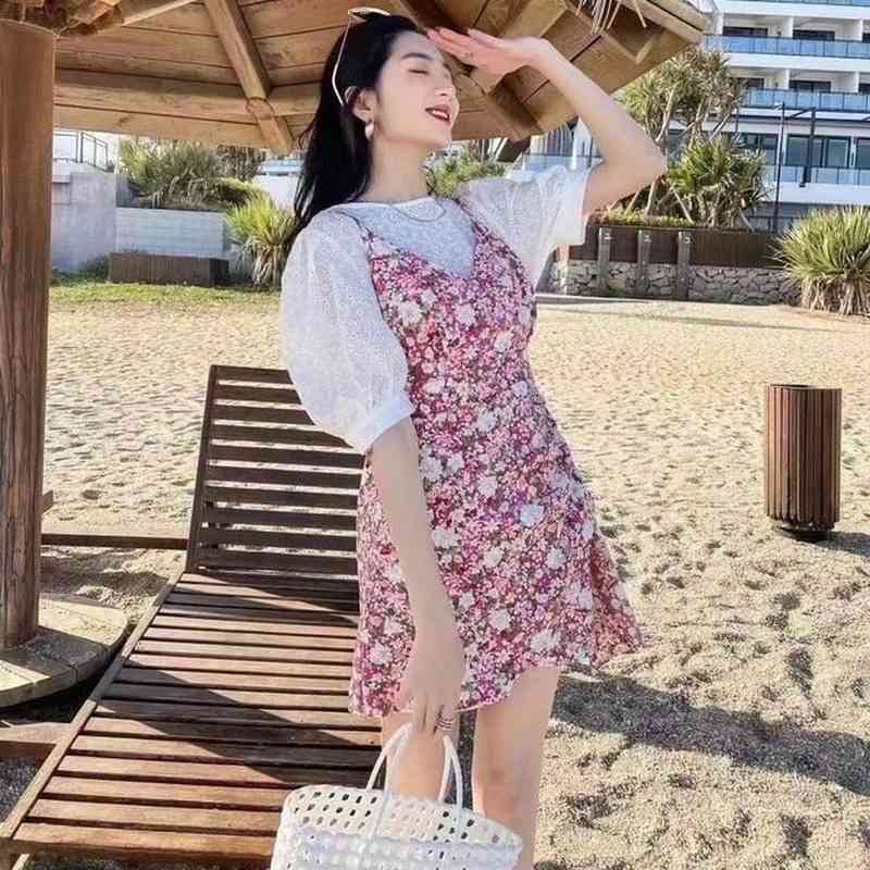 Short Sleeve Mini Dress Women Elegant Floral Dress Sweet Kawaii Beach Dress for Females Office Lady Korean Style Summer Y2k 210521