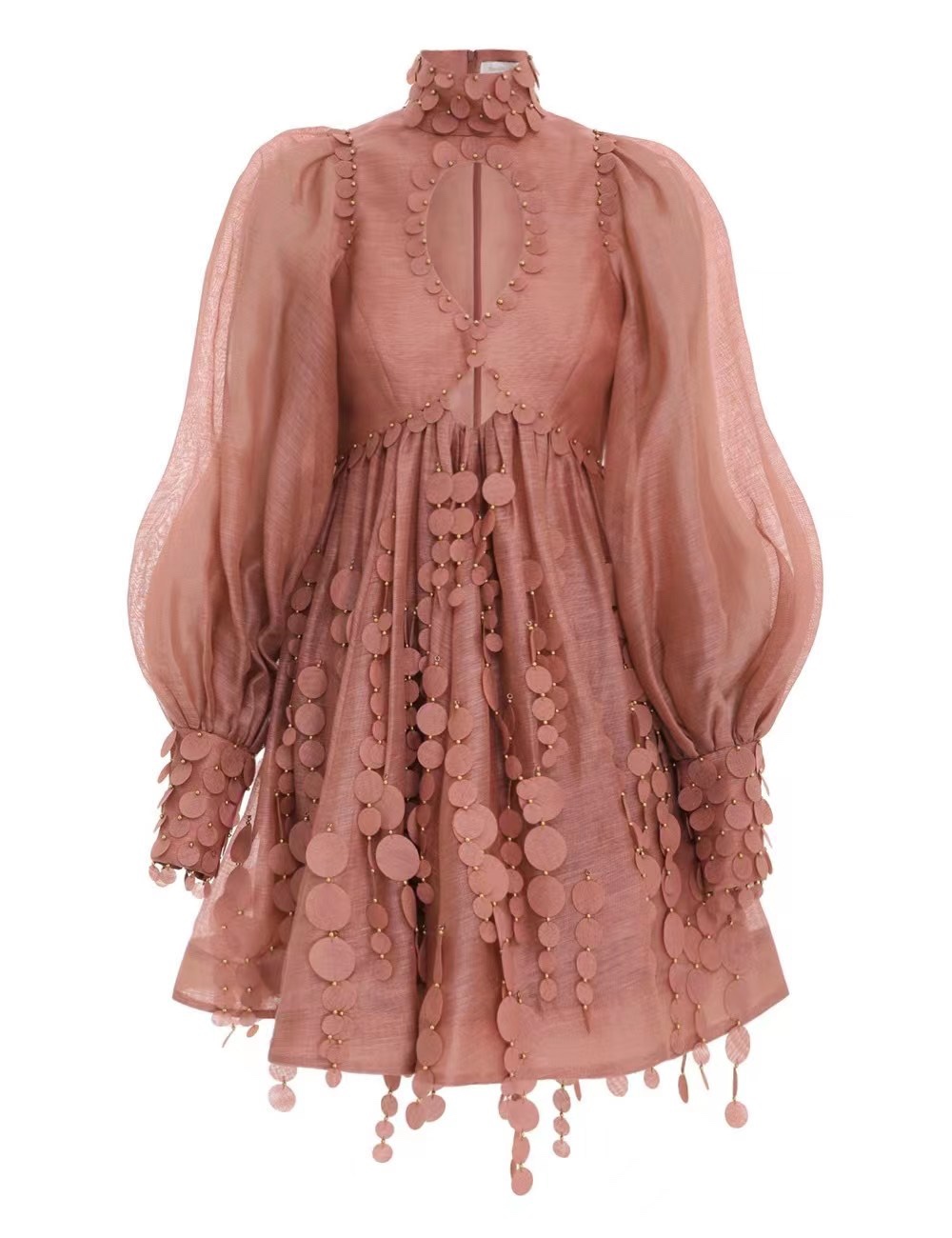 Chao brand heavy industry coral pink original piece sewn bead decoration hollow waist closing wave sleeve Mini Dress, Orange
Chao brand heavy industry coral pink original piece sewn bead decoration hollow waist closing wave sleeve Mini Dress, Orange