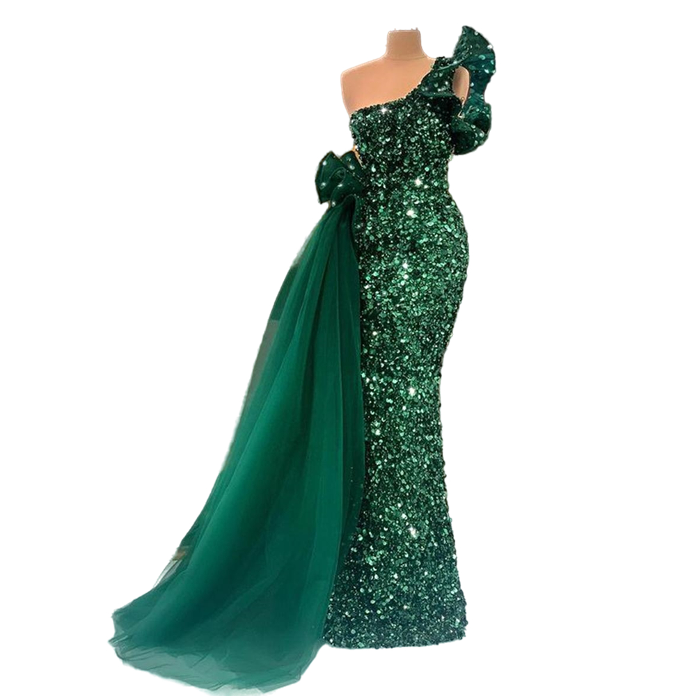 Elegant Arabic Dark Green Formal Evening Dresses Glitter Sequined One Shoulder Mermaid Prom Dress Peplum Floor Length Women Shiny Special Occasion Gow