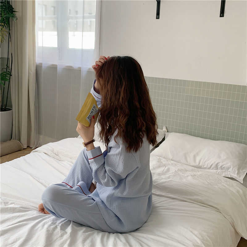 Home Suit Cotton Pajamas for Women Loungewear Long-sleeved Trousers Ladies Pajamas Suit Korean Style Long Pijamas Femme 210924