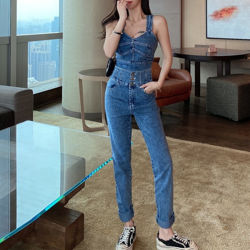 Summer Women Two Pieces Set Sexy Cross Backless Denim Short Tank Tops + High Waist Pencil Pants Suit Fashion Jeans Outfits 210519