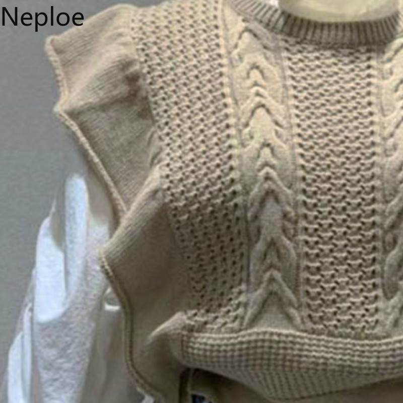Neploe Korean Fashion Knitwear Sweaters Vest Loose O-neck Ruffles Lace Up Pullovers Tank Knit Ribbed Cropped Waistcoat Tops 210422