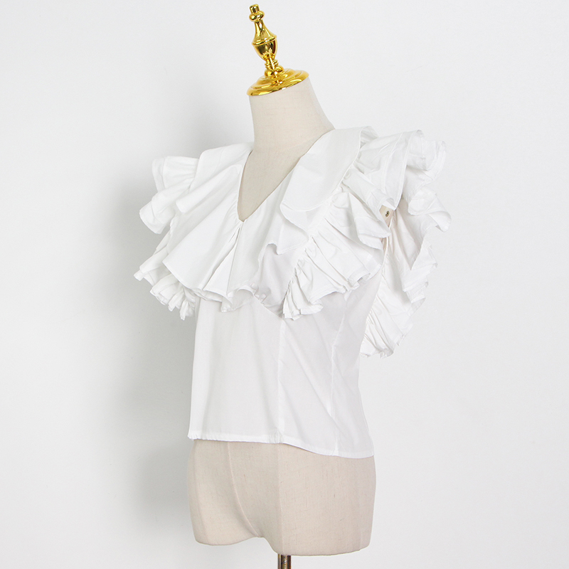 Casual White Ruffle Shirt For Women V Neck Sleeveless Slim Minimalist Blouses Females Summer Fashion Style 210524