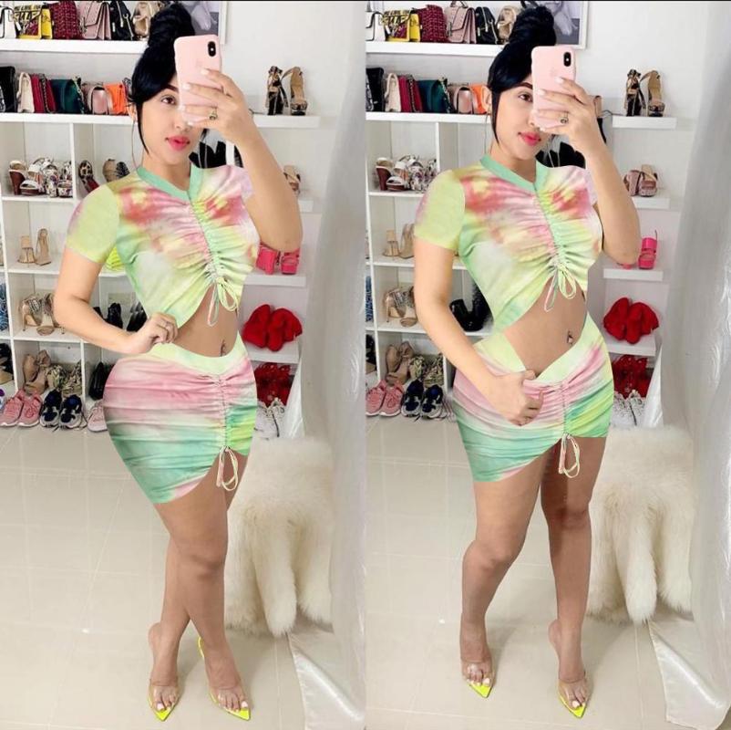 Summer Festival Clothes Women 2 Pieces Skirt Lounge Set Short Sleeve Tie Dye T Shirt Top + Bodycon Skirts Party Club Chic Suit Two Piece Dre