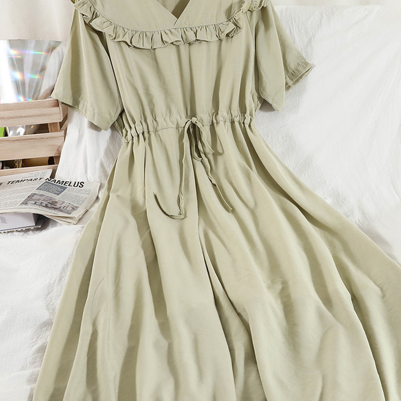 LoveFlowerLife Summer A Line Square Collar Chiffon High Waist Mid-Calf Women Dresses Vintage Solid Sweet Dress 210521