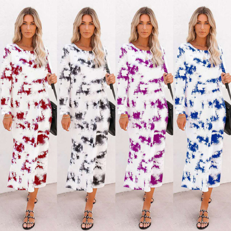 Women's Tie-dyed Printing Dress Gradient Color Round Neck Long Sleeve Vestidos Autumn Chic Casual Elegant Split Dresses 210524