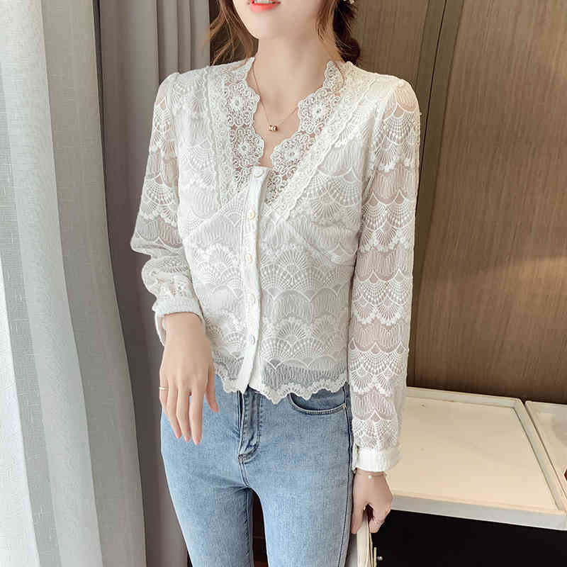 korean fashion clothing Korean version Hollow Flowers Long Sleeve Women Shirt V-Neck Lace Blouse Woman Tops 125 210420