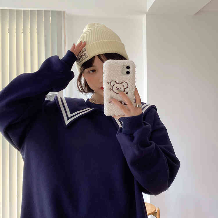 2 colors autumn winter preppy style Women big turn down collar large warm thick Sweatshirt Womens pullovers (F4159) 210423