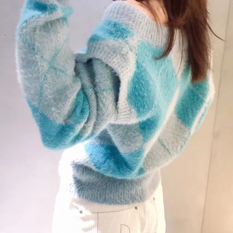 Foridol vintage fluffy argyle pullovers women two way wear blue knitted sweater vest fuzzy casual v neck sweater jumpers winter 210415