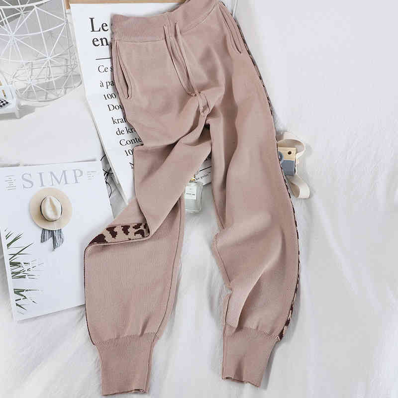 Two Piece Tracksuit Long Sleeve Coat And Trousers Fashion Leopard Patchwork Knit Casual Suit Set Autumn Female Korean 210506