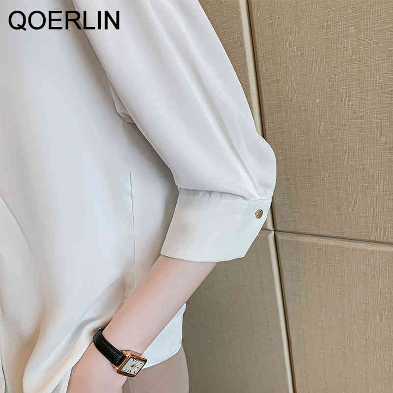 QOERLIN OL Style Formal Black Top Shirts Women Plus Size VNeck Chiffon Shirts Female Elegant Half Sleeve Fashion White Blouse 210412