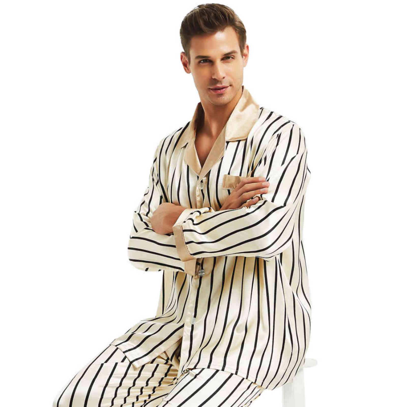 Mens Silk Satin Pajamas Set Pyjamas Set PJS Sleepwear Loungewear S ~ 4XL Striped 211111