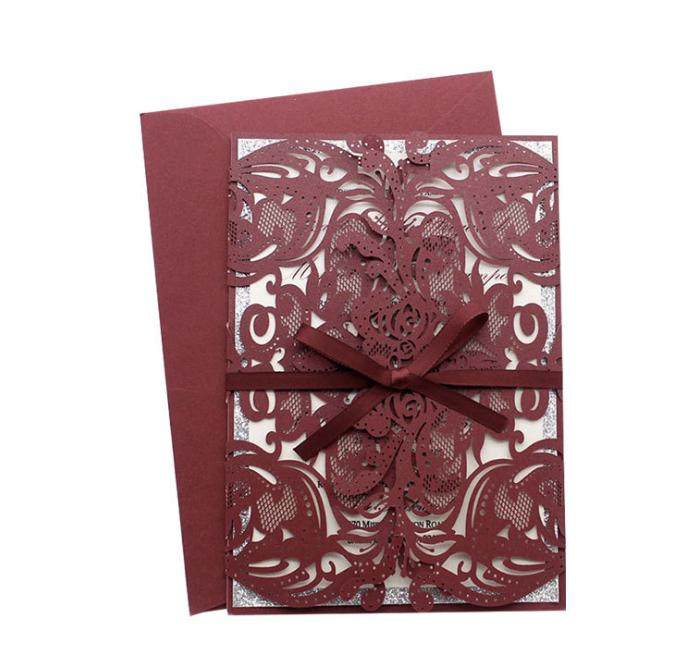 2021 Burgundy Lace Wedding Invitation Inner Sheet with Silver Glitter Bottom And Ribbon Envelope