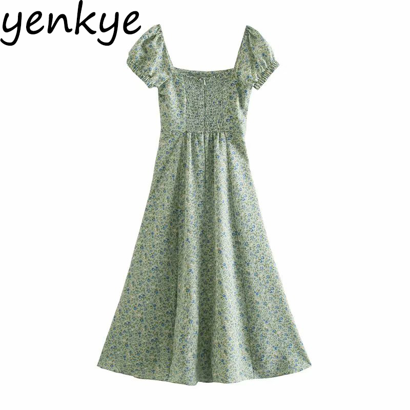 YENKYE Green Floral Print Dress Women Square Neck Sexy Slits Prairie Chic Vestido Mujer Puff Sleeve Holiday Summer Long Dress 210515