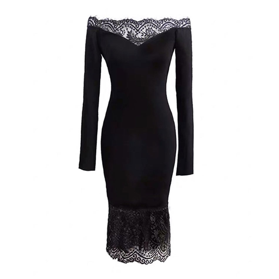 Free Autumn Women's Bodycon Dress Sexy Strapless Long Sleeve Midi Lace Club Evening Party Vestidos 210524