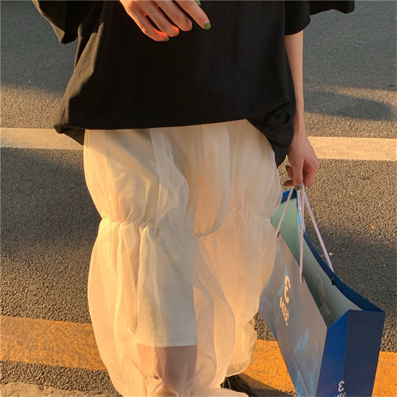 Summer Ruffle Mesh Tulle Skirt Women'S Spring Simplicity Long Tutu High Waist Slim Temperament Midi Korean Style 210421