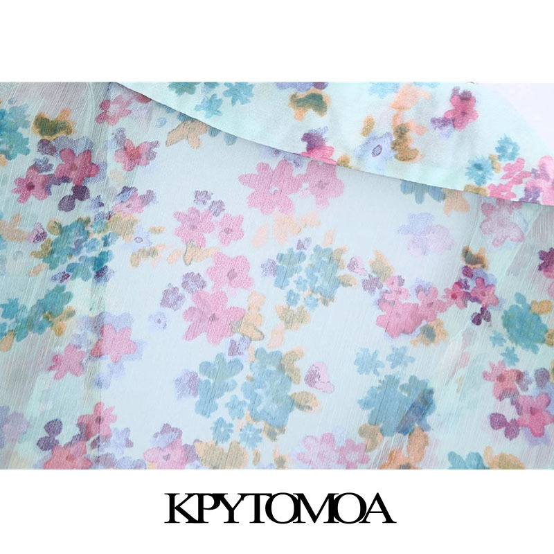 Women Fashion Semi-sheer Floral Print Cropped Blouses Long Sleeve Elastic Hem Female Shirts Chic Tops 210420