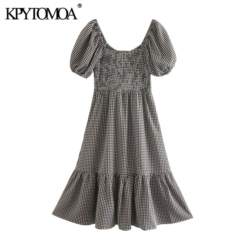 Women Sweet Fashion Ruffled Elastic Smocked Plaid Midi Dress Short Sleeves Waist Female Dresses 210420
