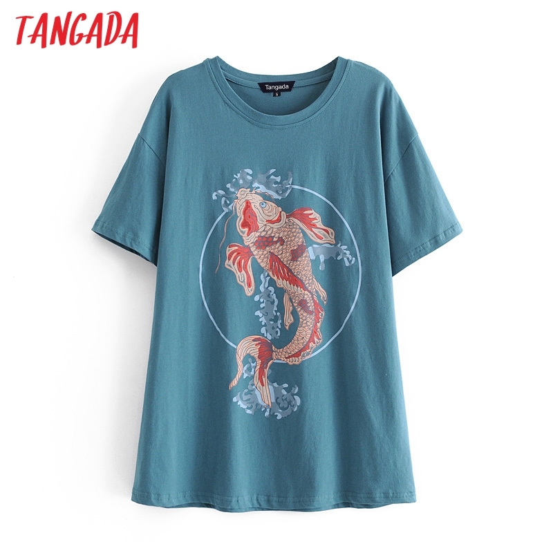 Women Fish Print Oversized Cotton T Short Sleeve Tees Ladies Casual Tee Shirt Street Wear Top 4D14 210416