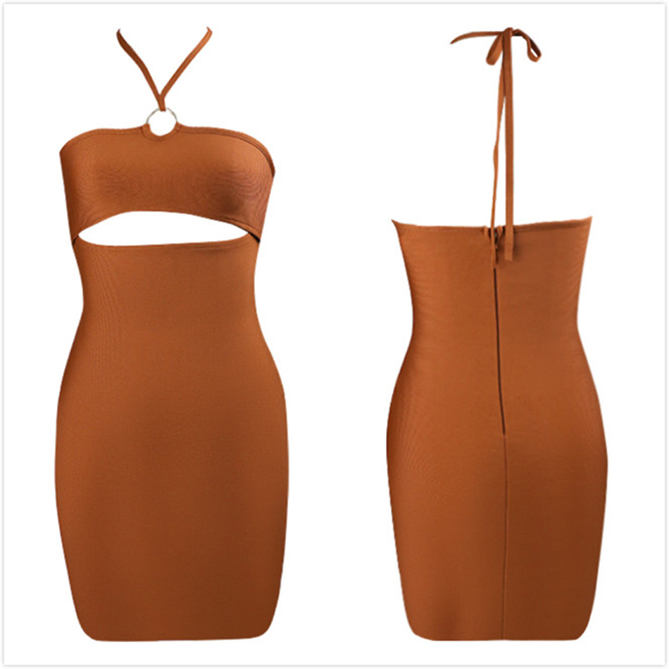 Free Sexy Halter Bandage Dress Women Sleeveless Bodycon Brown Hollow Celebrity Club Party Vestido 210524