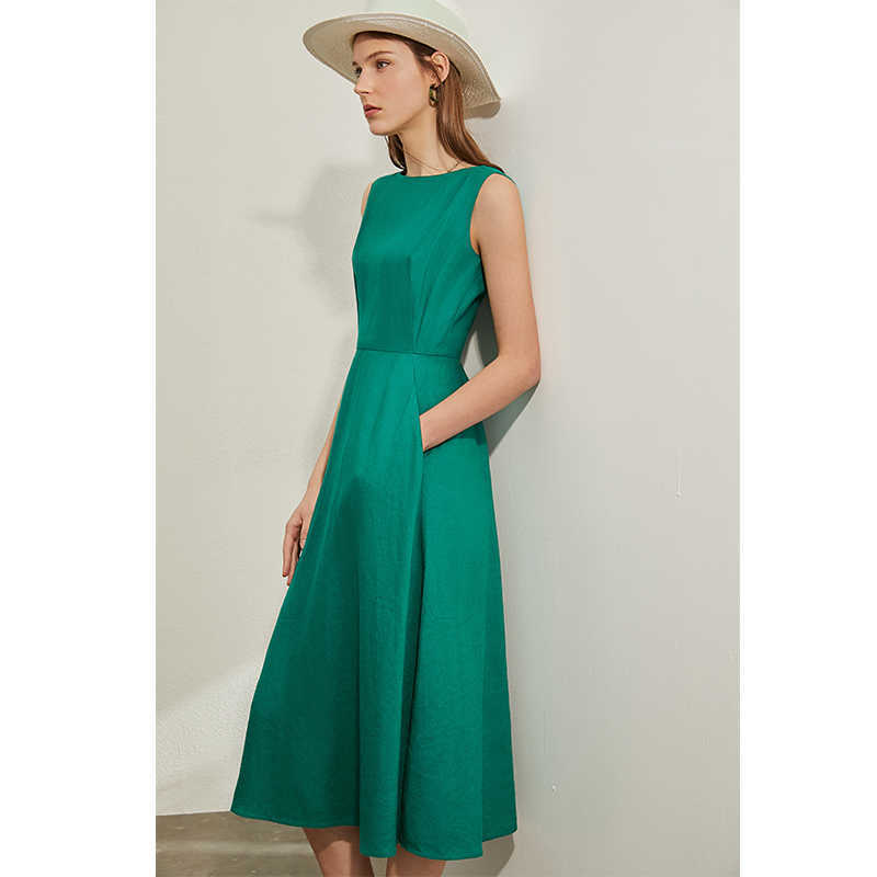 Minimalism Spring Summer Vintage Solid Sleeveless Women Dress Causal Lady High Waist Oneck Belt Female 12030124 210527
