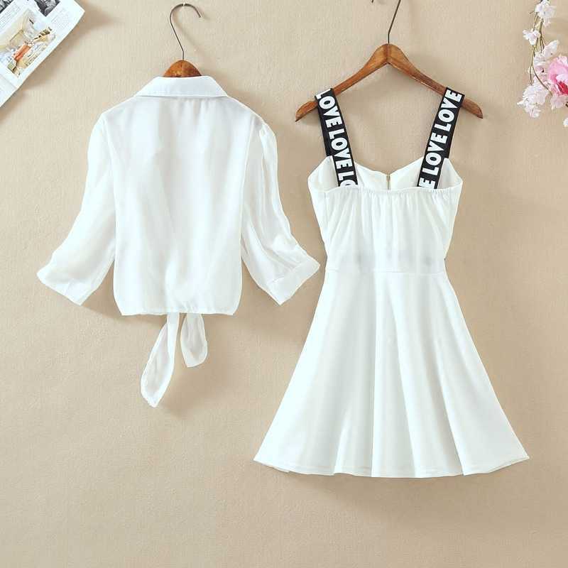 Fashion Women Lantern Sleeve Turn Down Chiffon Shirt Top + Mini Short A Line Letter Spaghetti Strap Dress Two Pieces Sets 210708