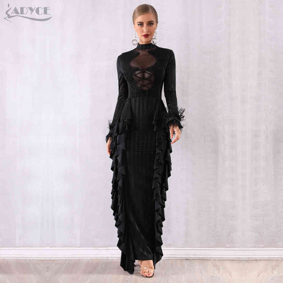 Maxi Women Ruffles Bodycon Celebrity Party Dress Vestidos Verano Sexy Long Sleeve Lace Pearls Feather Club 210423