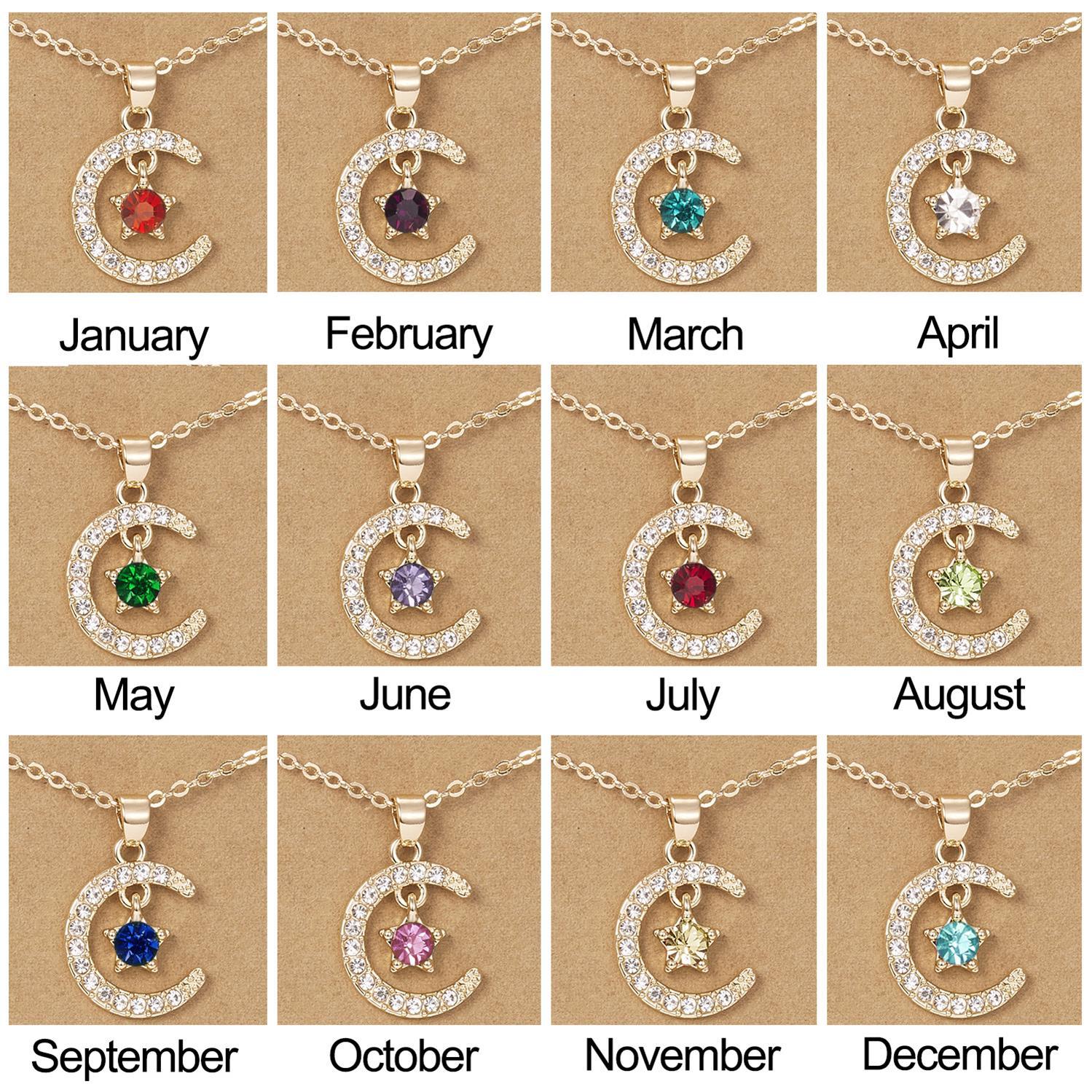 2022 Trendy Moon Star Birthstone Pendant Necklace Wish Card For Women Crystal Gold Color Clavicle Chain Mom Birthday Jewelry Gifts