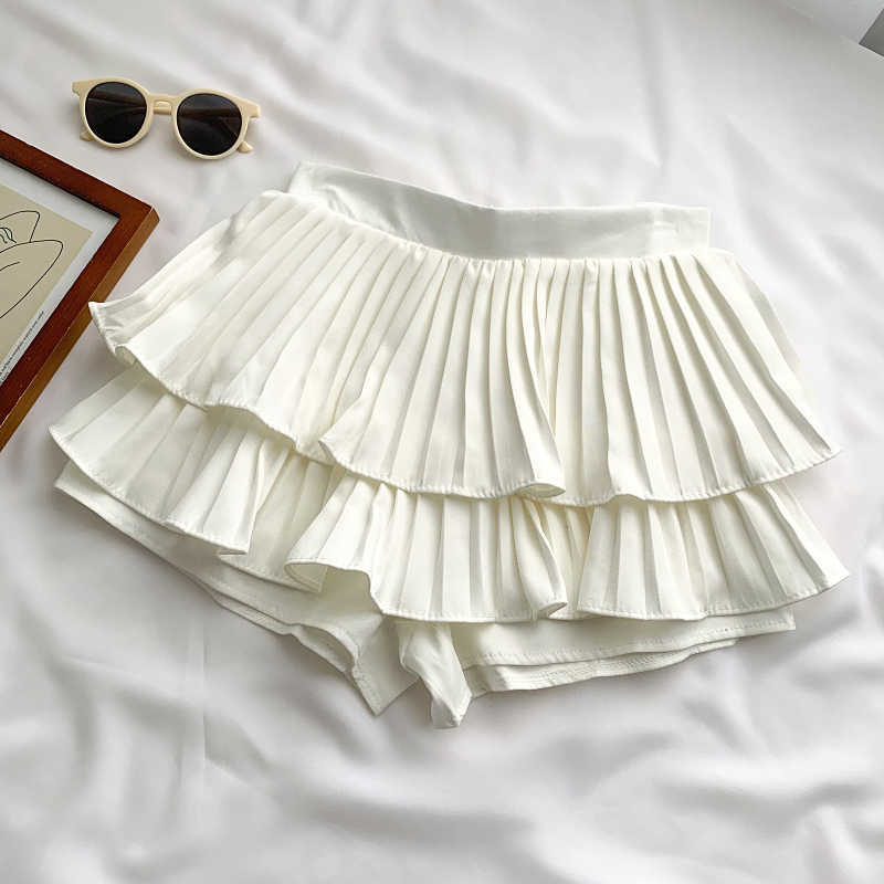 Woman Shorts Korean Pleated Double Ruffle Bottoms Causal High Wiast Sweet Sexy Short Feminimos 6G188 210603