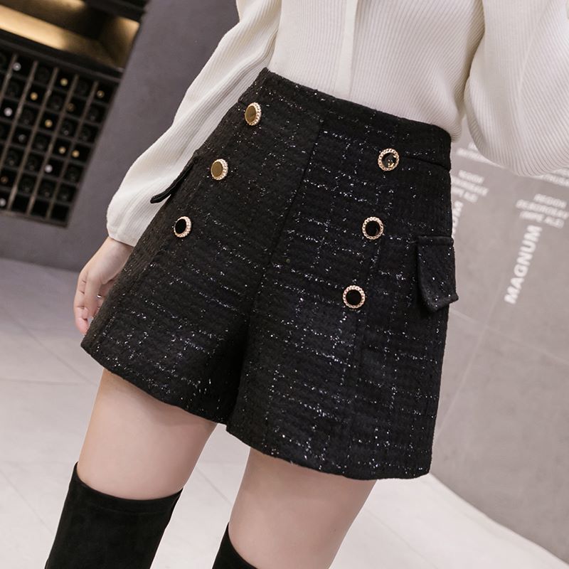 Autumn High Waist Wide Leg Tweed Woolen Shorts Women Black Bright Silk Double-Breasted Button Pantalones Cortos De Muje 210520