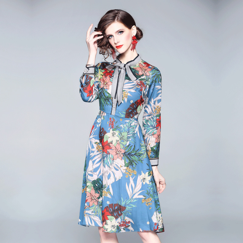blue knee length dress bow collar tropical floral printed long high waist A-line dresses for women chic vestidos 210421