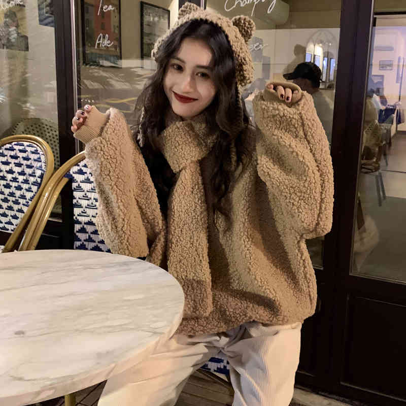 2 colors autumn winter korean style Women Sweatshirts lamb fur Long Sleeve thick warm Sweatshirt Womens pullover (C2131) 210423