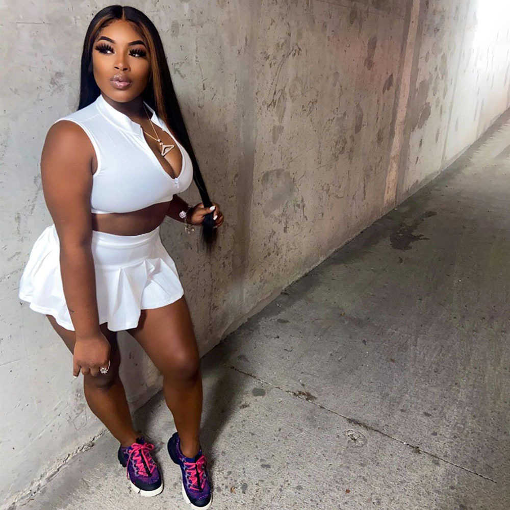 women's fashion casual sexy solid color pleated slim fit vest skirt pants sports two-piece set