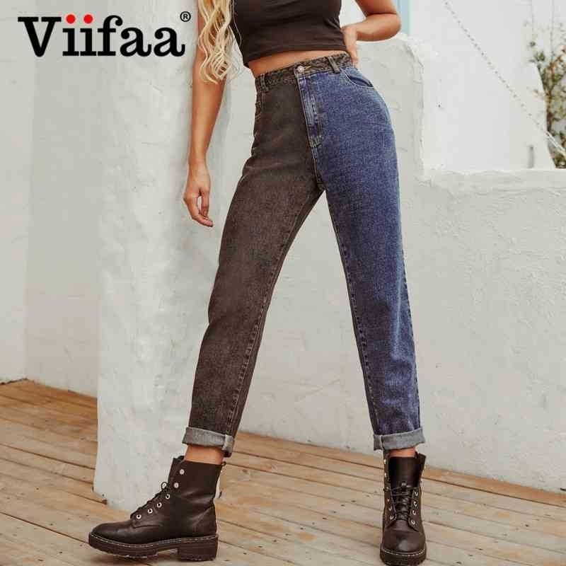 Viifaa Black and Blue Two Tone High Waist Denim Jeans for Women Zipper Fly Casual Ladies Straight Jeans 210616