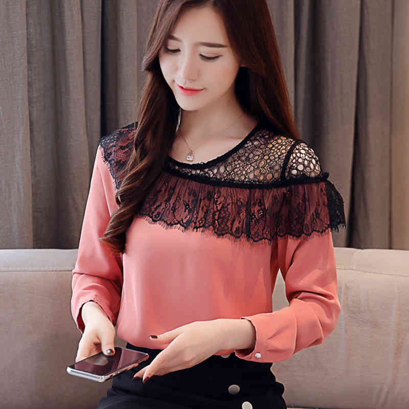 Fashion Chiffon Blouse Women Solid Long Sleeve Lace Shirt for O Neck Pullover Ladies Camisas Mujer 8652 50 210508