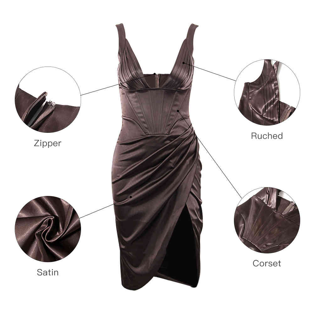 Karlofea Female Summer Stretchy Satin Corset Dress Chic Slit Draped Midi Dress Festival Clothing Sexy V Neck Club Party Dresses 210331