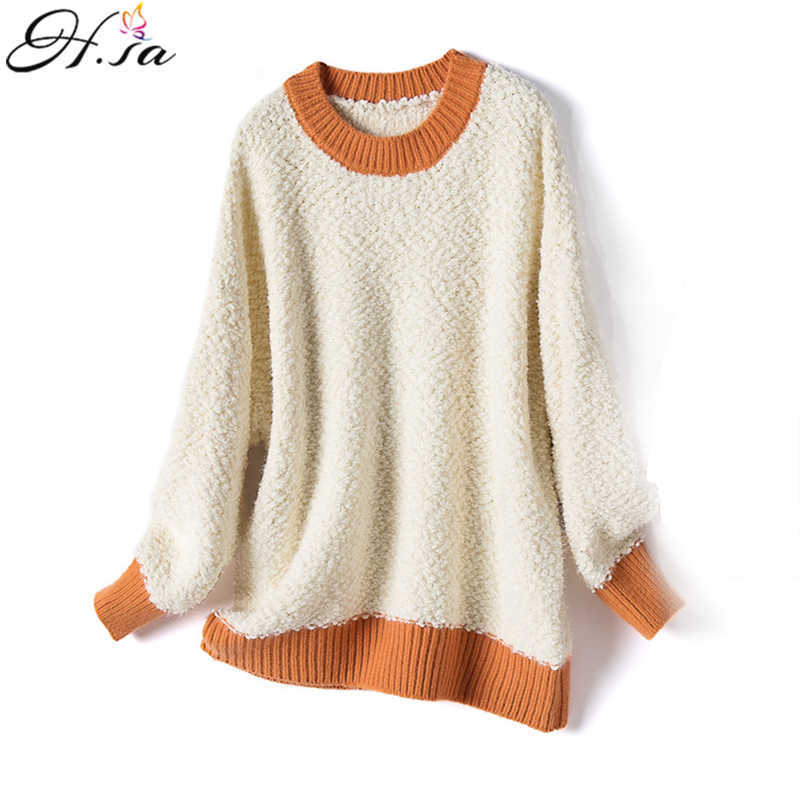 H.SA Korean Fashion women pullovers winter jumpers knitwear Mohair Soft Warm Patchwork Knitwear Loose Knitted Sweaters Winter 210716