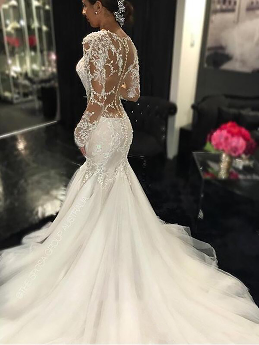Long Sleeve Lace Appliques Beaded Mermaid Wedding Dresses With Sweep Train