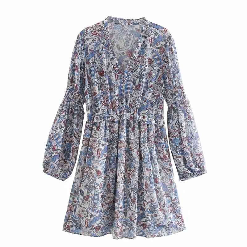 Women Paisley Printing V-Neck Ruffle Long Sleeve Mini Dress Casual Femme Loose Clothes Vestido D6606 210430Z