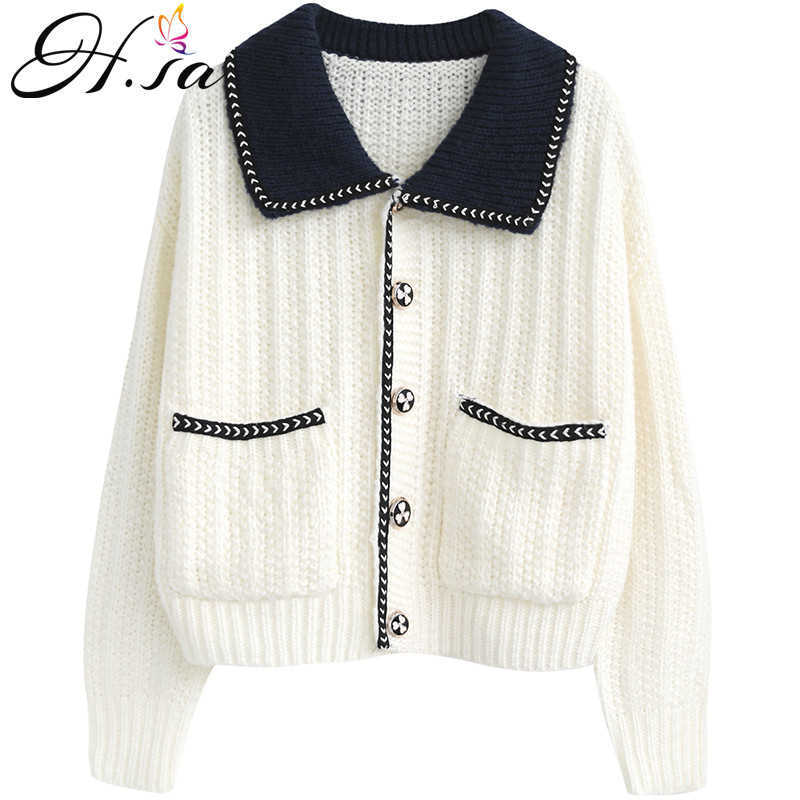 H.SA Women Autumn Sweater and Cardigans Turn Down Collar White Knit Cardigans Button Pearl Elegant Cardigan and Jumpers 210716