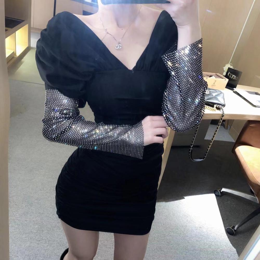 Sexy Black off shoulder sheath Dresss Women Long Sleeve Diamond Patchwork bodycon dress Fashion elegant club female Mini 210519