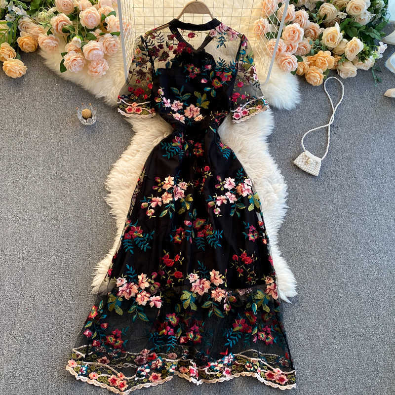 Women Fashion Contrast Bow Round Neck Short Sleeve Slim Embroidery Flower A-line Dress Elegant Vestidos De Mujer R322 210630
