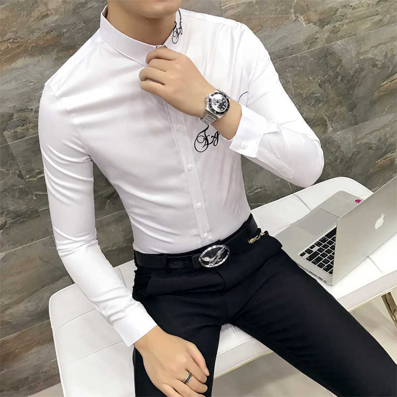 Fashion Shirt Men Party Mens Dress Shirts Long Sleeve Camisa Social Masculina Men Black White Embroidery Club Shirts 210527