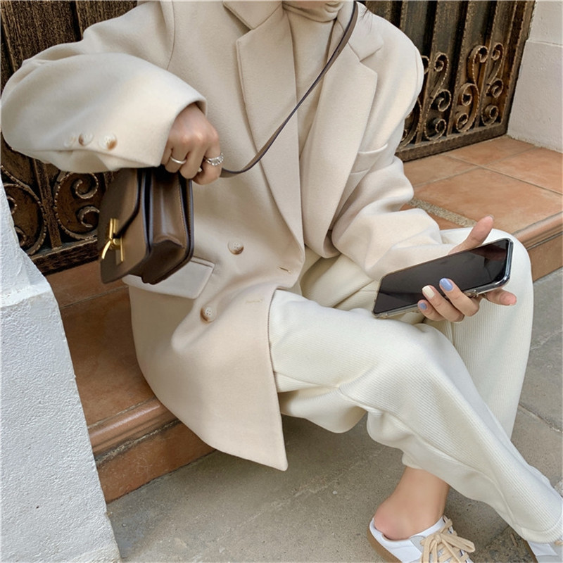 OL Notched Minimalist Quilted Thick Woolen Blazer Suit Jacket Autumn Winter Tops Women Blazers Loose Casual Overcoat 210421