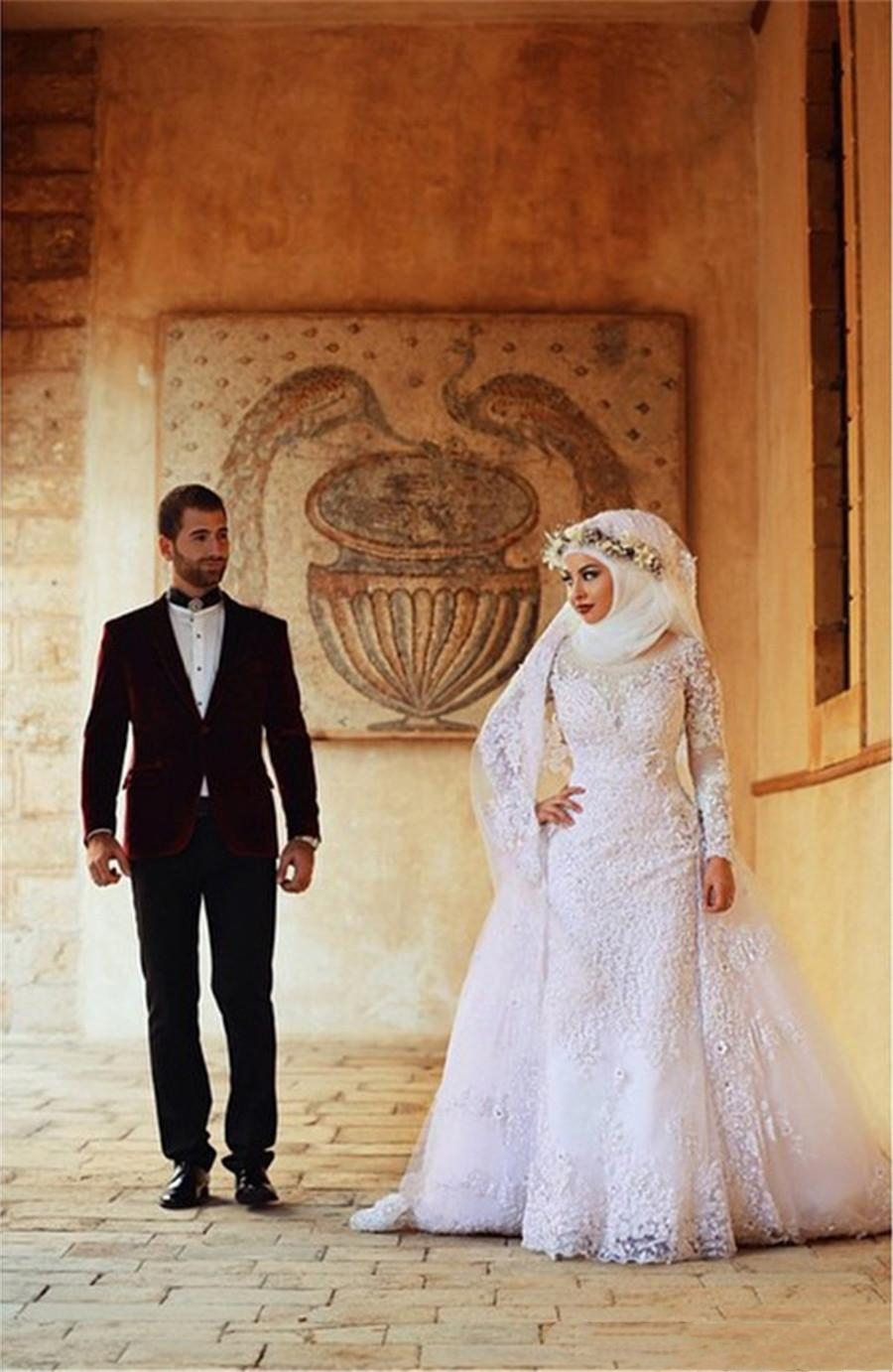Modest Islamic Mermaid Wedding Dress With Detachable Train illusion Long Sleeve Lace Appliques Beaded Muslim Bridal Gowns 2021 Spring Summer Bride For